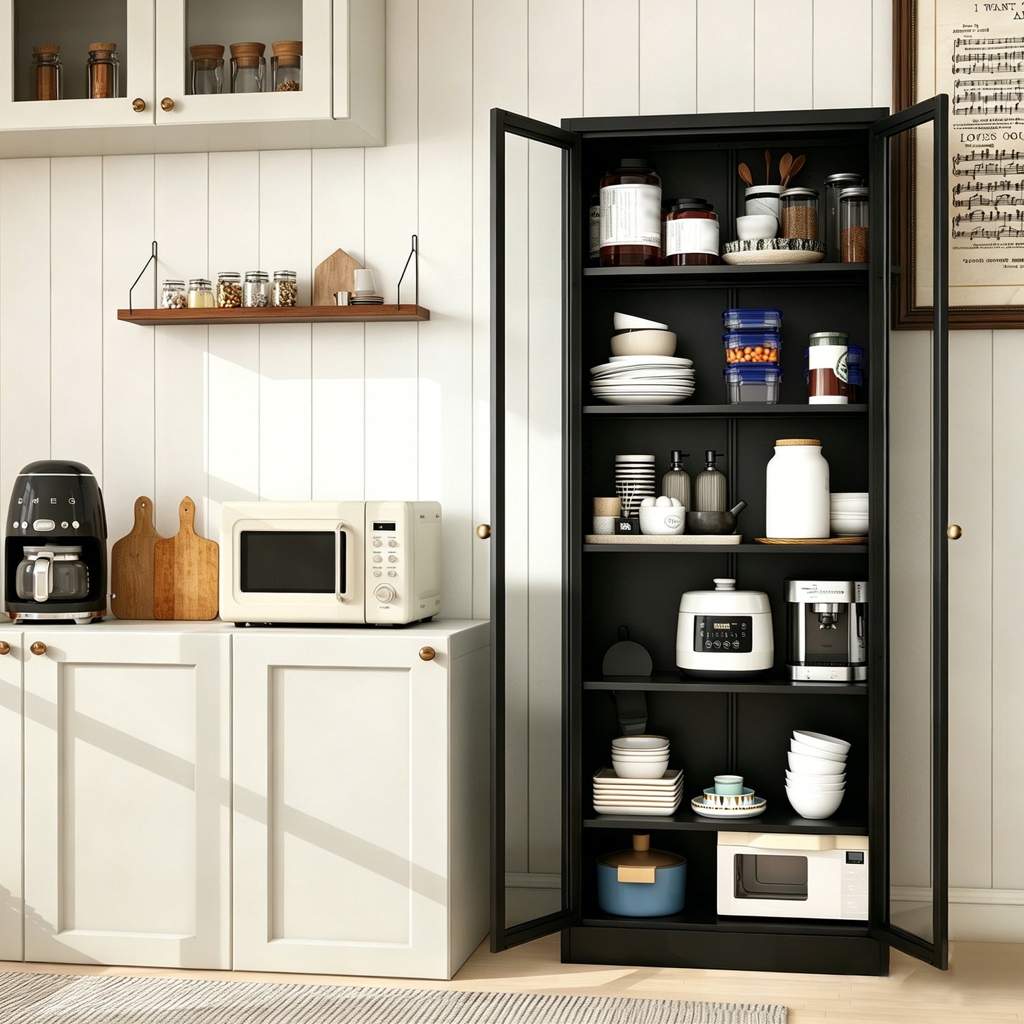 VIYET Metal Pantry Cabinet, 72" Tall Kitchen Storage Cabinet with Glass Doors and 5 Adjustable Shelves, Freestanding Steel Utility Cabinet for Kitchen, Bathroom, Pantry, Black