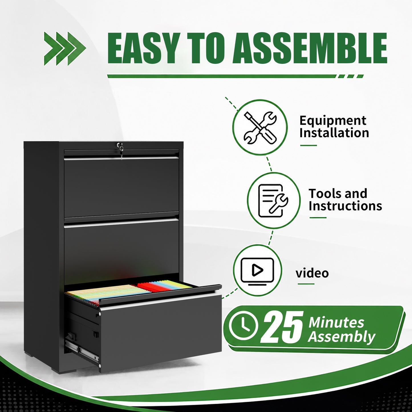 VIYET 3 Drawer Lateral File Cabinet with Lock, Metal Filing Cabinet for Home Office, Steel File Organizer Fits Letter, Legal, A4 & F4 Hanging Files