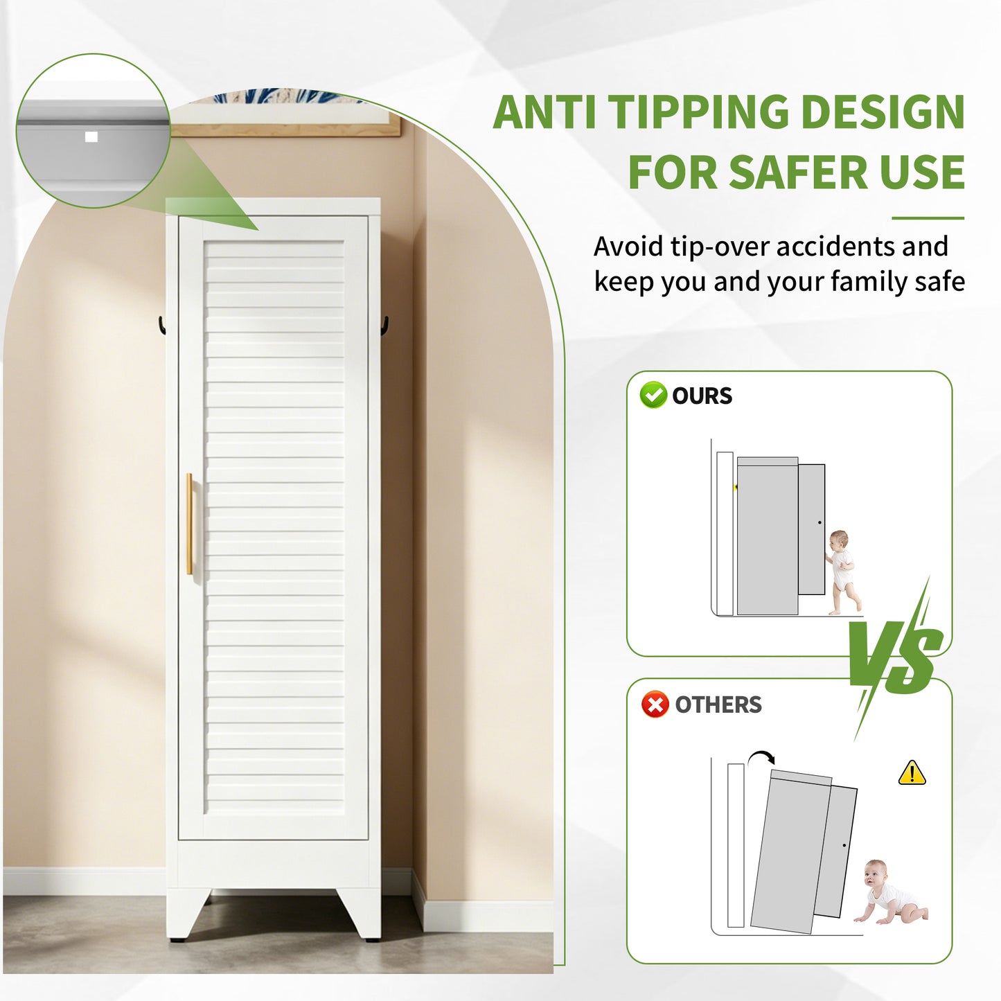 VIYET 47.2" Narrow Metal Wardrobe Closet, Slim Storage Cabinet with Louvered Door and Hanging Rail, Freestanding Clothes Organizer for Bedroom, Apartment, Dorm, White