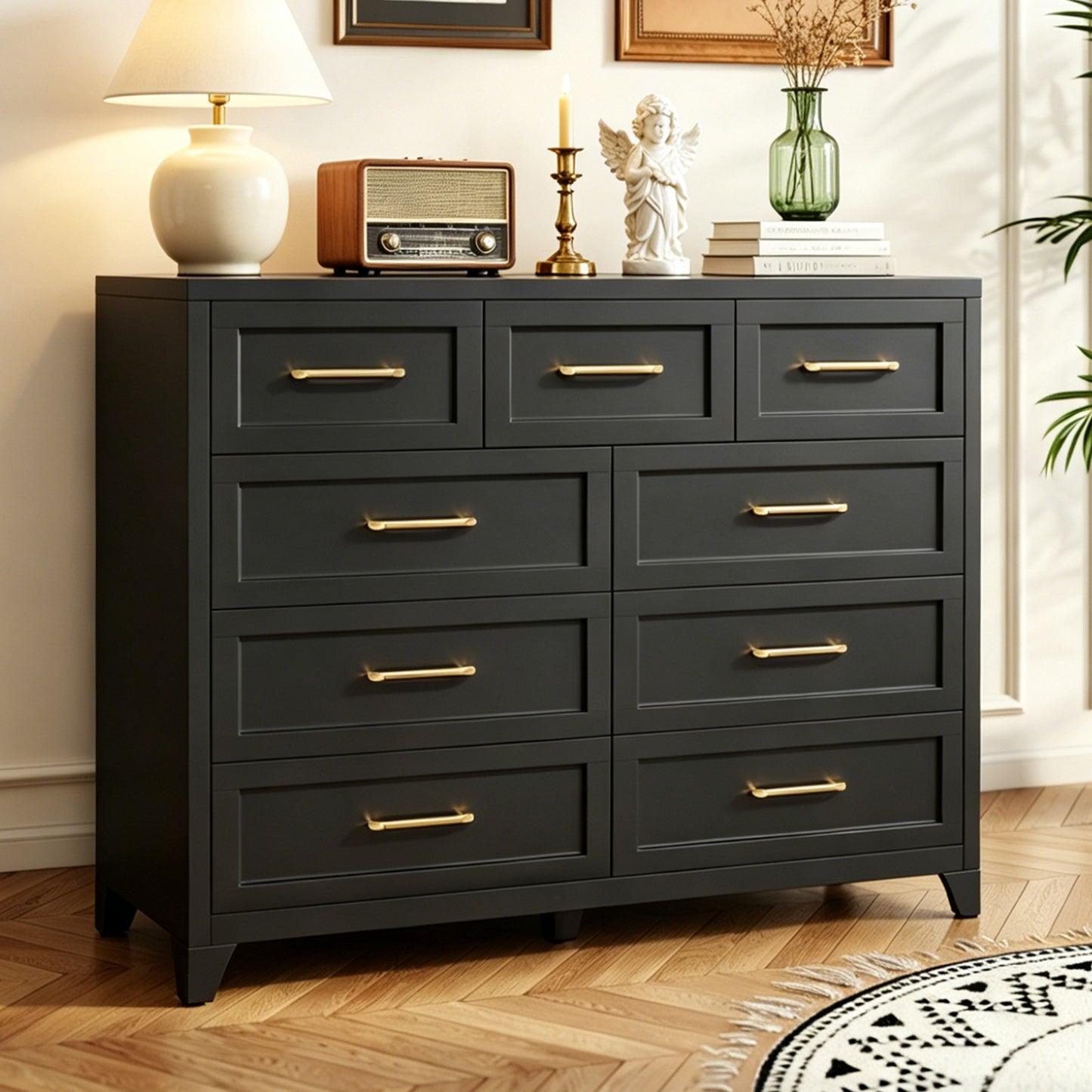 VIYET 9-Drawer Black Dresser for Bedroom, Tall Wide Chest of Drawers with Smooth-Glide Storage