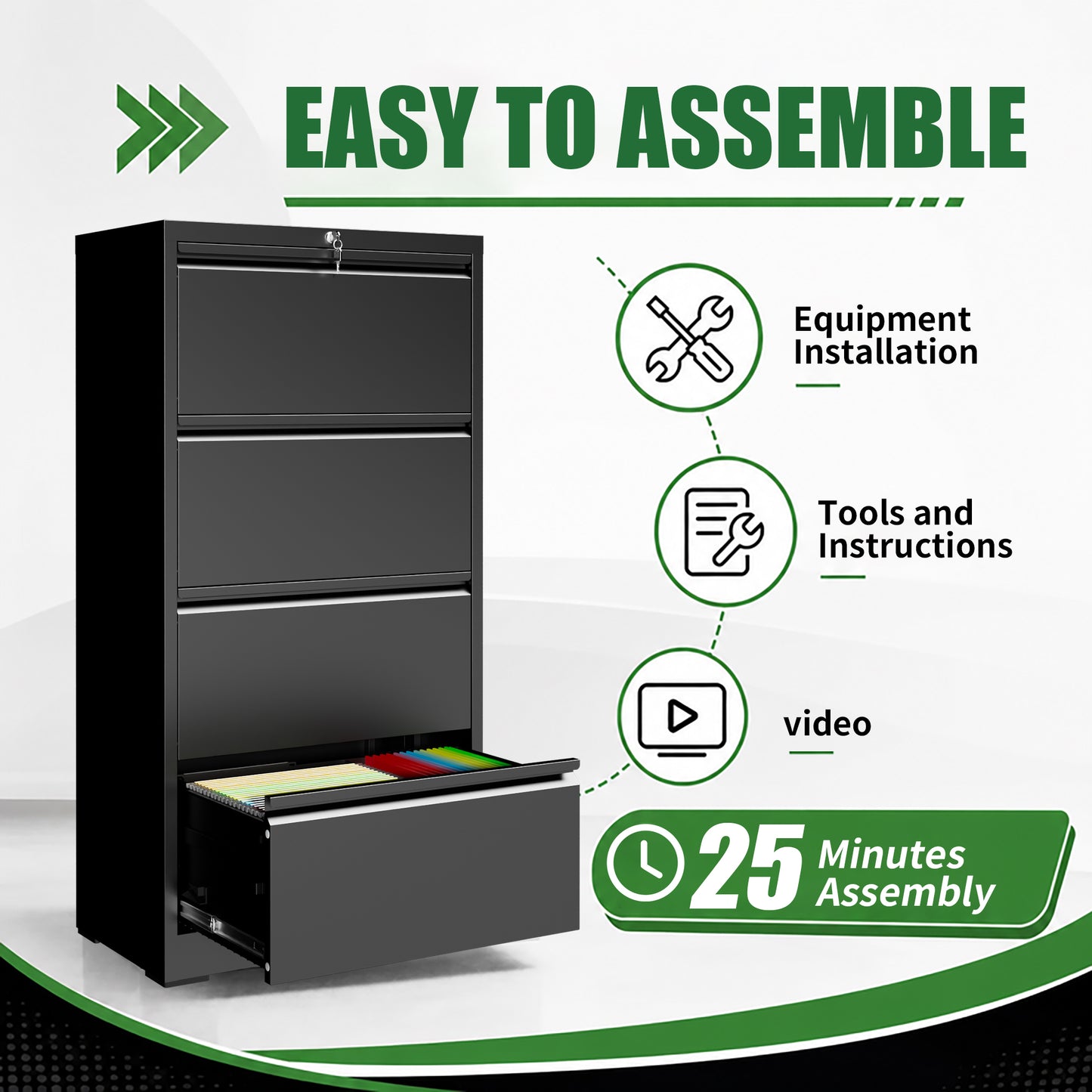 VIYET 4 Drawer Lateral File Cabinet with Lock, Metal Filing Cabinet for Home Office, Steel File Cabinet Fits Letter, Legal, A4 & F4 Hanging Files, Black