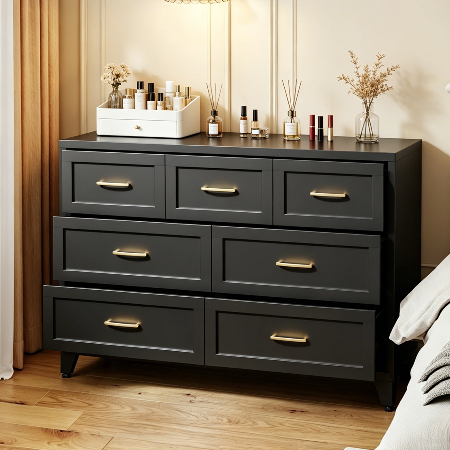 VIYET 7-Drawer Black Dresser, Wide Low-Profile Bedroom Storage Chest with Smooth-Glide Drawers