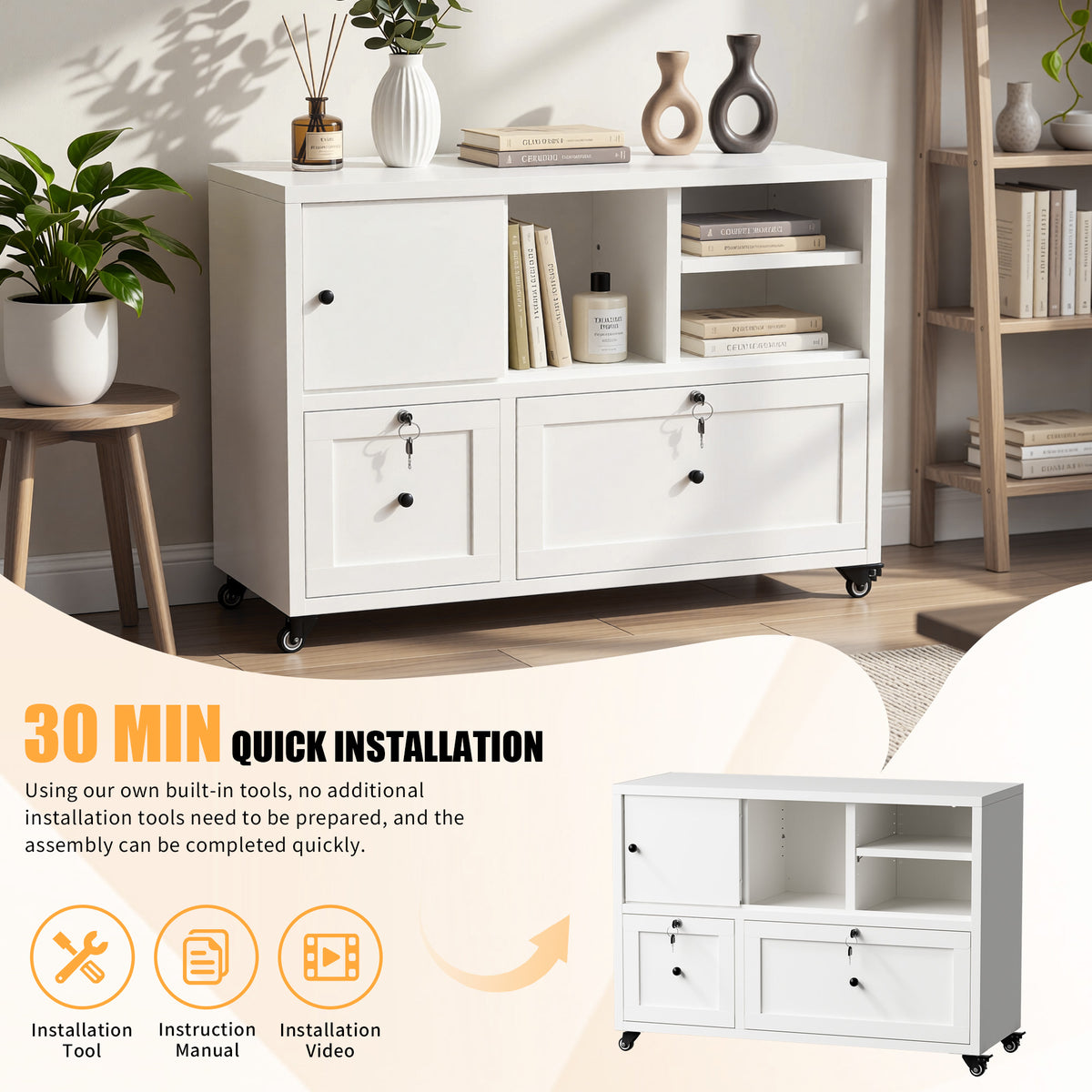 VIYET 28" White Metal 2-Drawer Lateral File Cabinet with Lock and Wheels, Rolling Office Storage for Letter, Legal & A4 Files