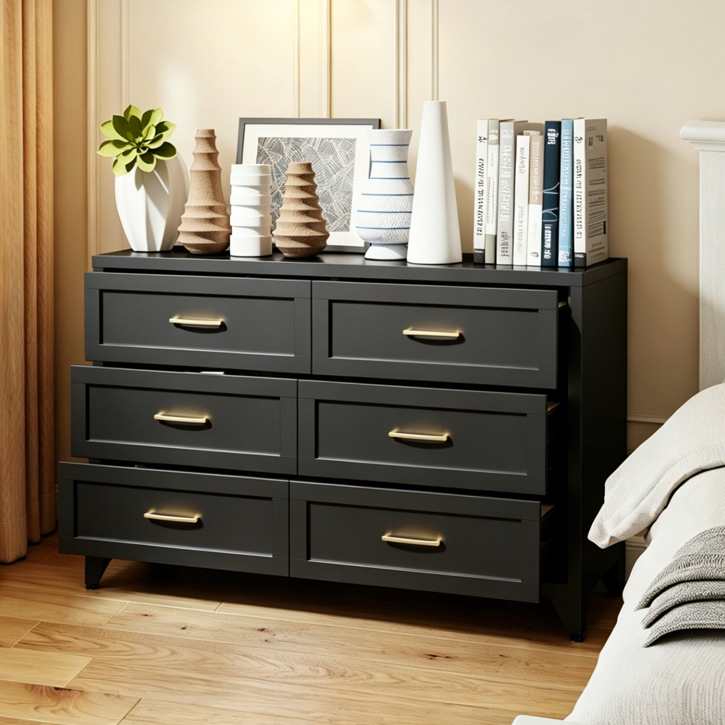 VIYET 6-Drawer Black Dresser for Bedroom, Low-Profile Chest of Drawers with Smooth-Glide Storage