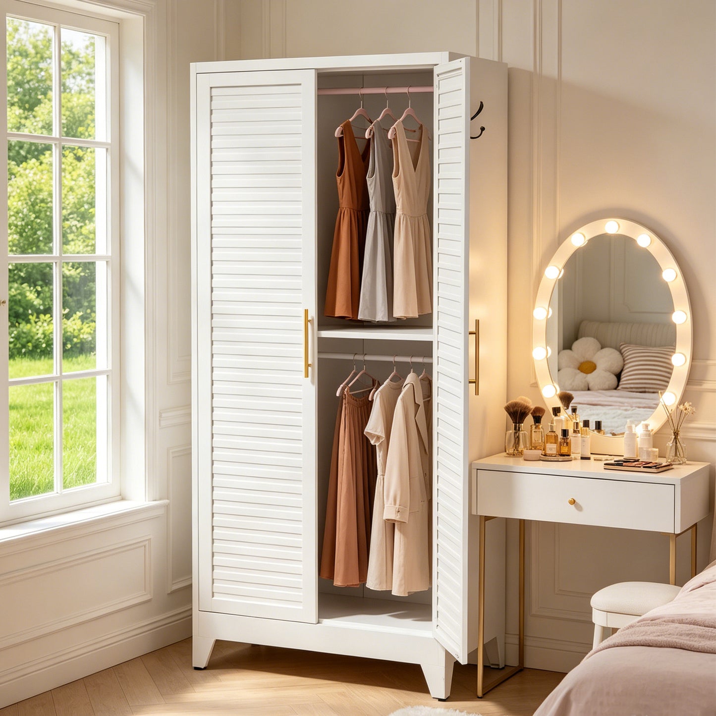 VIYET 71" Metal Wardrobe Closet with Adjustable Hanging Rod, Louvered Doors, Side Hooks & Shelves, Heavy Duty Clothing Storage Cabinet for Bedroom, Laundry Room, White
