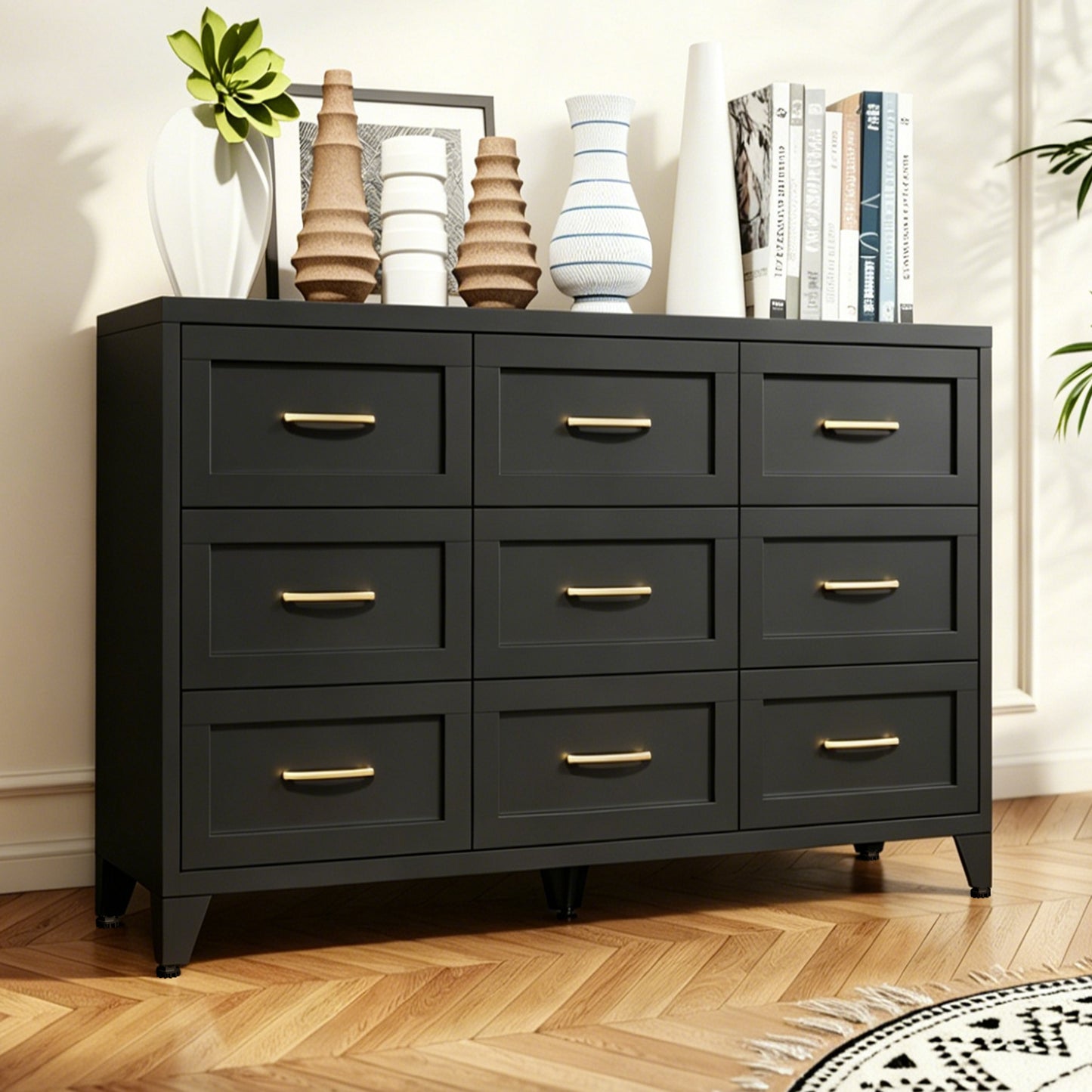 VIYET 9-Drawer Black Dresser for Bedroom, 52" Wide Low-Profile Chest of Drawers with Smooth-Glide Storage