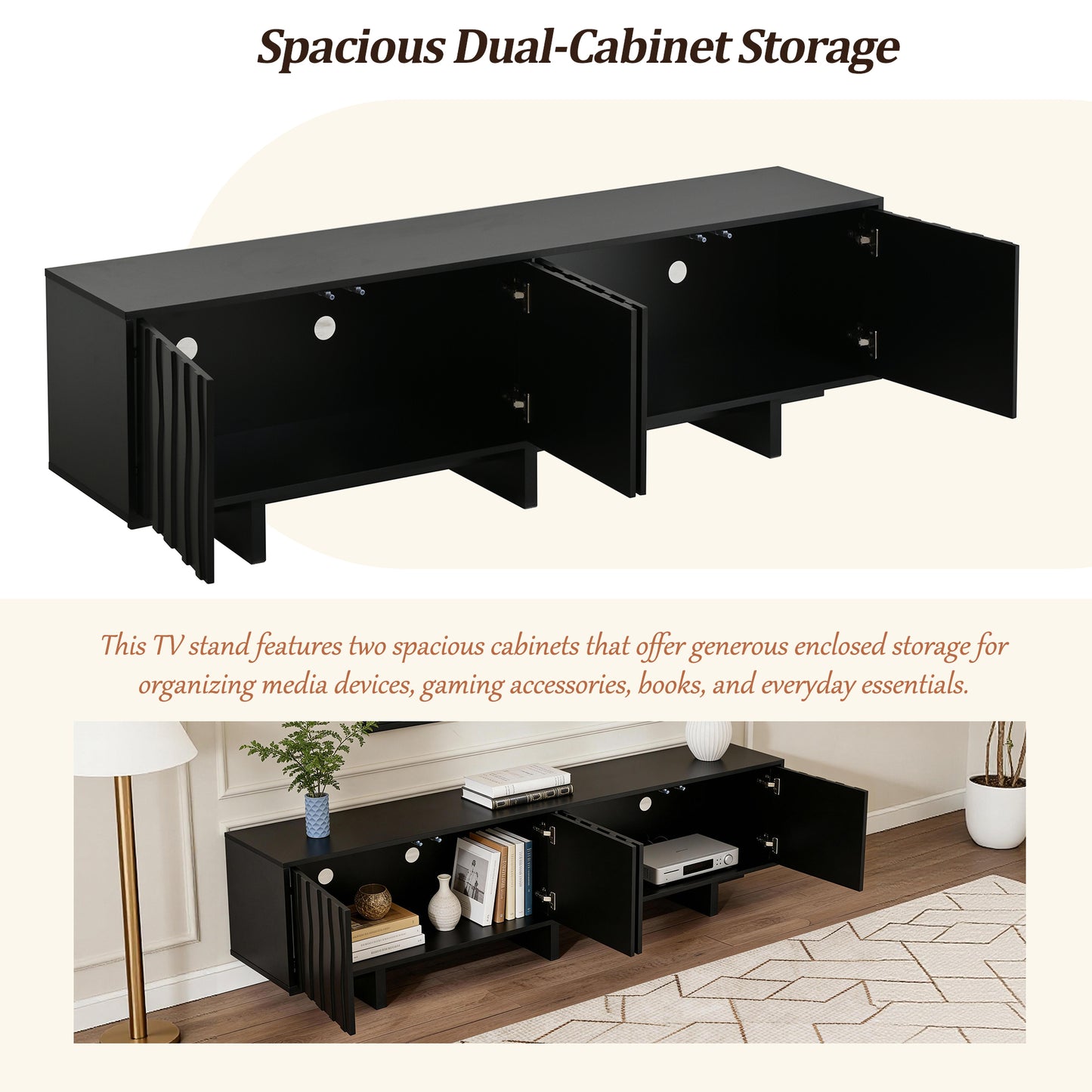 VIYET 69.6"Retro Wood Grain TV Stand for TVs up to 75", Rustic Media Console w/ Wavy Doors & Cable Management, Black