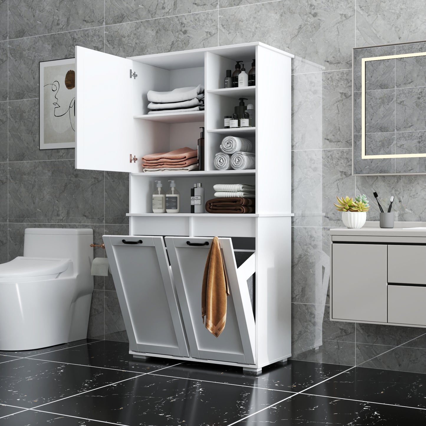 VIYET 63" White Freestanding Laundry Cabinet-Particle Board+MDF, Tilt-Out Hamper, Adjustable Shelves & Multiple Storage