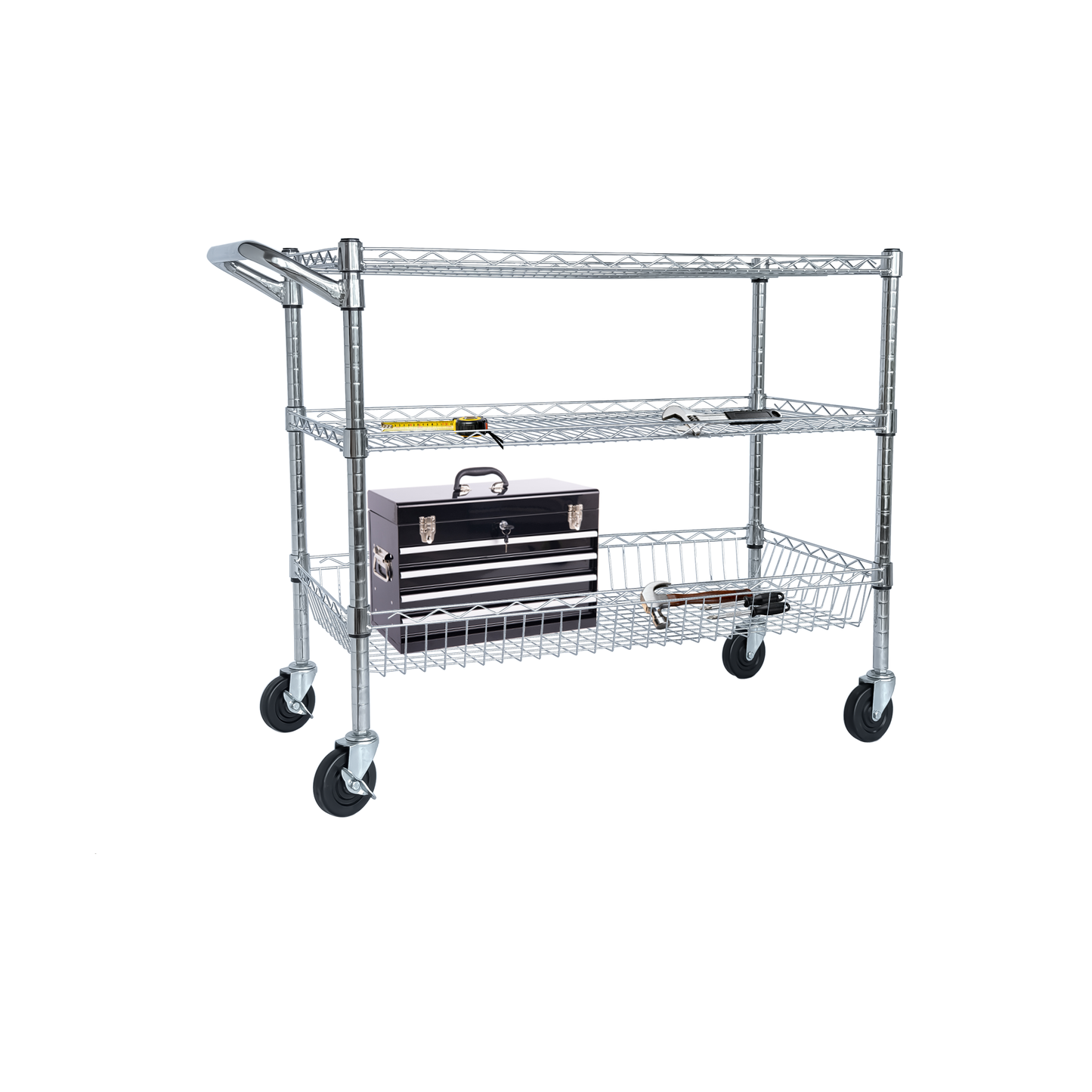 VIYET 32"H Heavy Duty 3 Tier Rolling Utility Cart, 600LBS Capacity Chrome Cart with Handle, Shelf Liners & Locking Wheels