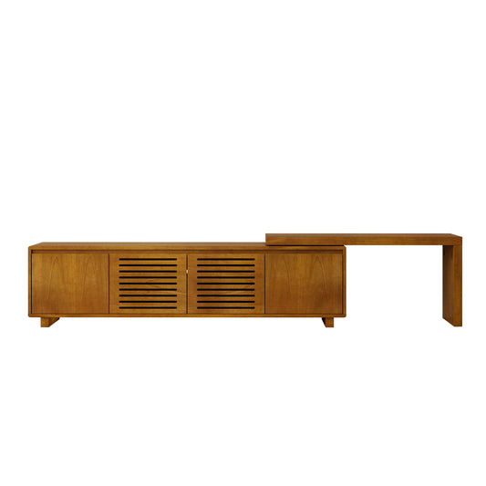 VIYET 63"Mid-Century Modern Extendable TV Stand for 55"-75" TVs, Farmhouse Media Console w/ Storage & Adjustable Panel, Brown Ebony