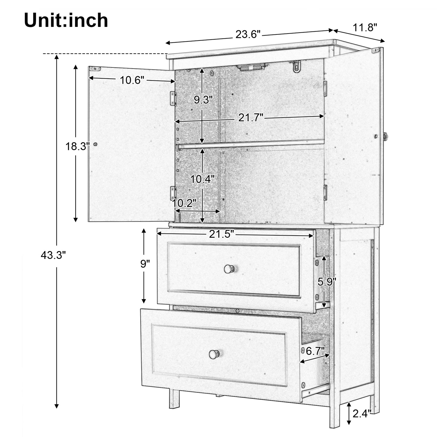 VIYET 43" 2-Door 2-Drawer Storage Cabinet, Black MDF Adjustable-Shelf Organizer, Anti-Tipping Waterproof Multi-Scene Cabinet