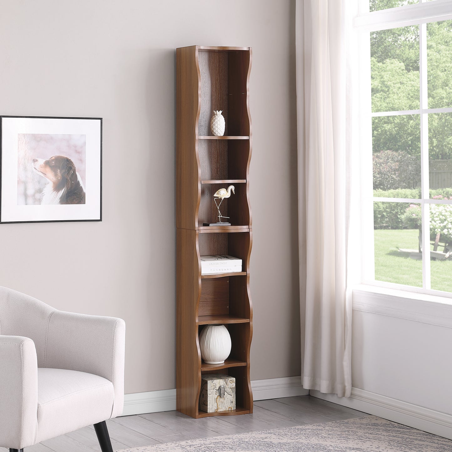 VIYET 71"8-Tier Ultra-Thin Adjustable Bookshelf, Walnut MDF Display Rack w/ Wavy Border (Detachable Home Office Organizer)