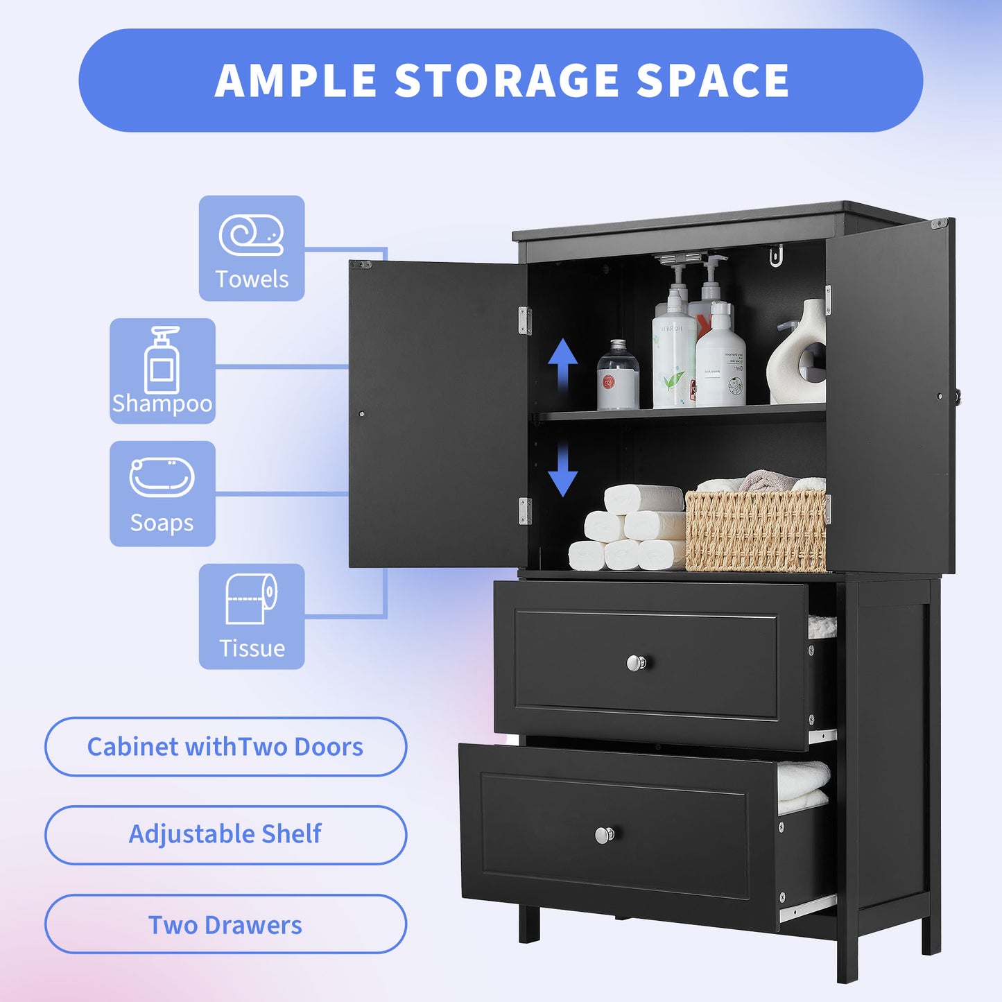 VIYET 43" 2-Door 2-Drawer Storage Cabinet, Black MDF Adjustable-Shelf Organizer, Anti-Tipping Waterproof Multi-Scene Cabinet