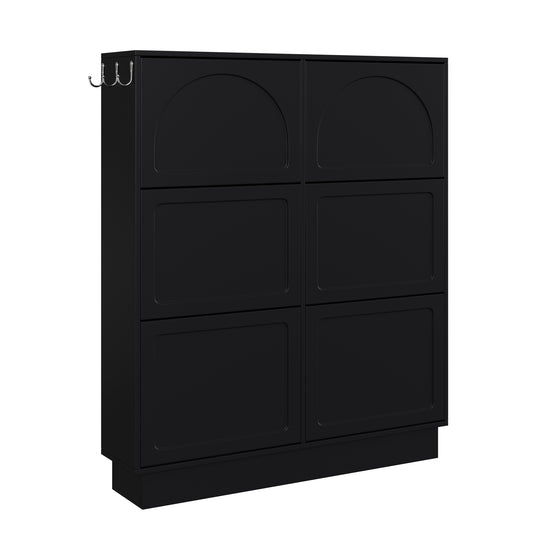 VIYET 49" 6-Flip-Drawer Narrow Shoe Cabinet, Black MDF Cream-Style Organizer w/ Adjustable Shelves & 3 Silver Hooks