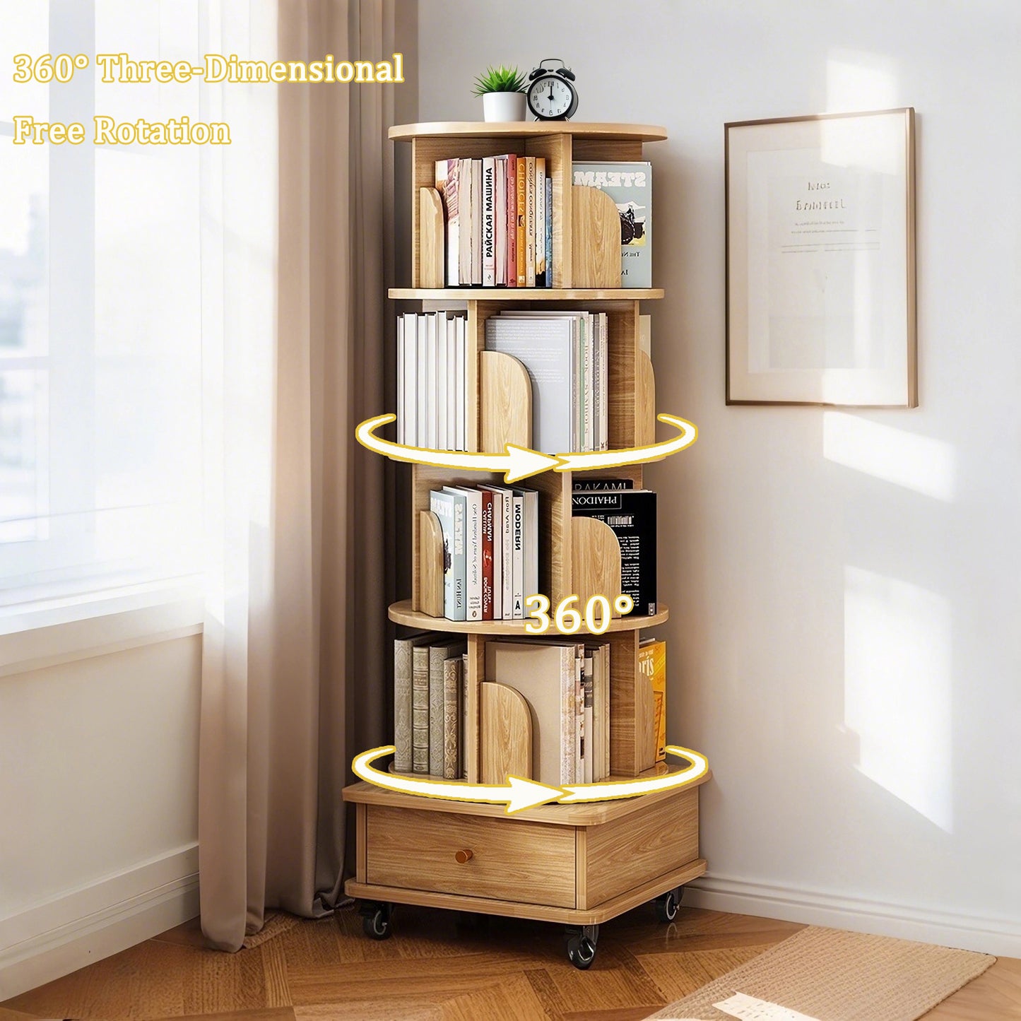 VIYET 56" 5-Tier 360° Rotating Bookshelf, Oak MDF Tower w/ Wheels & Drawer (Space-Saving Storage for Home/Office)