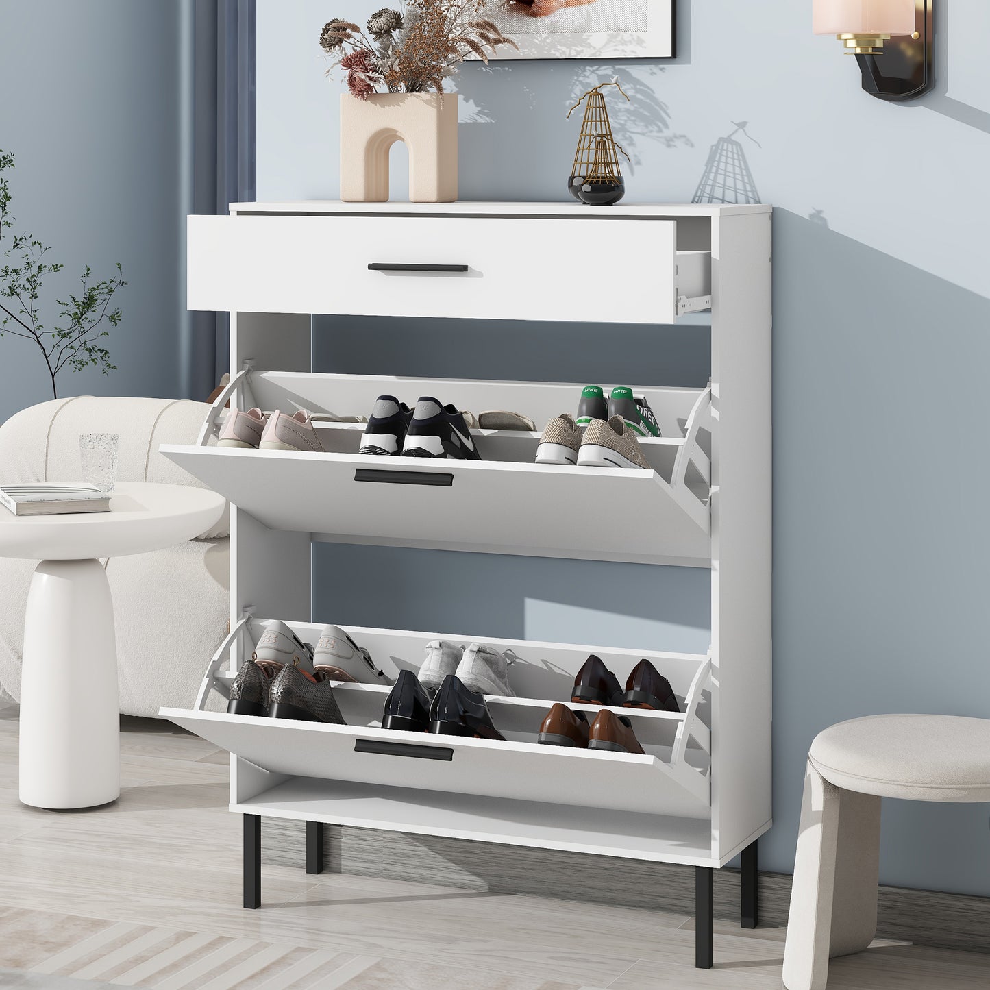 VIYET 43" Freestanding Shoe Cabinet, White Particle Board Organizer w/ 2 Flip Drawers & Metal Legs (Space-Saving Entryway Storage)