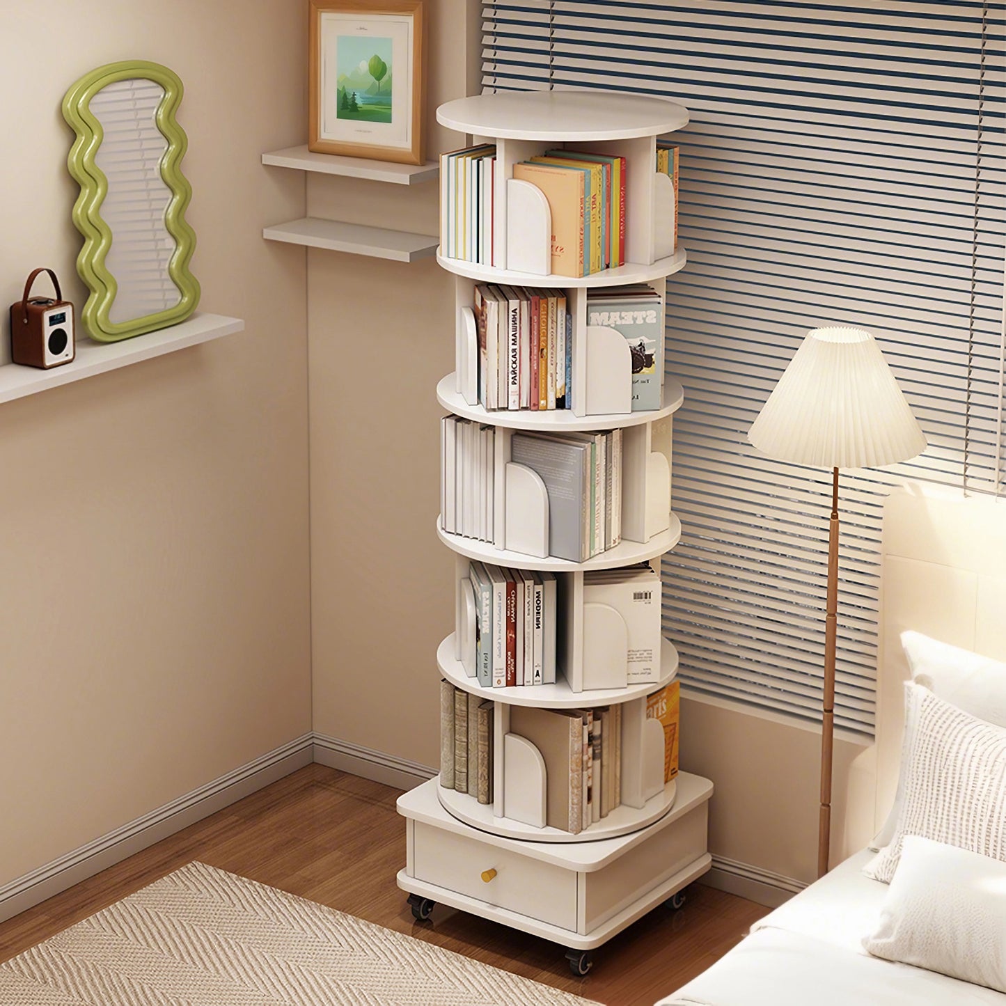 VIYET 68" 6-Tier 360° Rotating Bookshelf, WhiteColor MDF Tower w/ Wheels& Drawer (Space-Saving Storage for Home/Office)