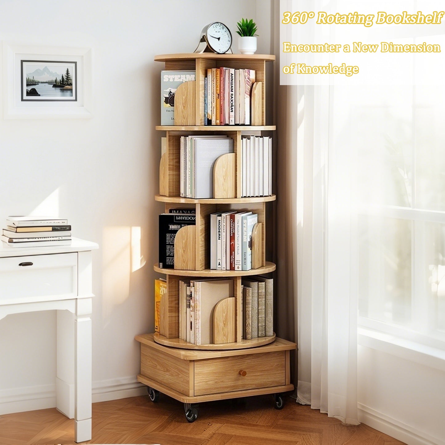 VIYET 56" 5-Tier 360° Rotating Bookshelf, Oak MDF Tower w/ Wheels & Drawer (Space-Saving Storage for Home/Office)