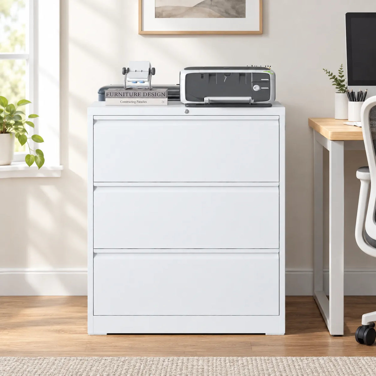 VIYET Heavy-Duty 3-Drawer Lockable Lateral File Cabinet, Anti-Tilt Metal Office Storage for Letter, Legal & A4 Documents