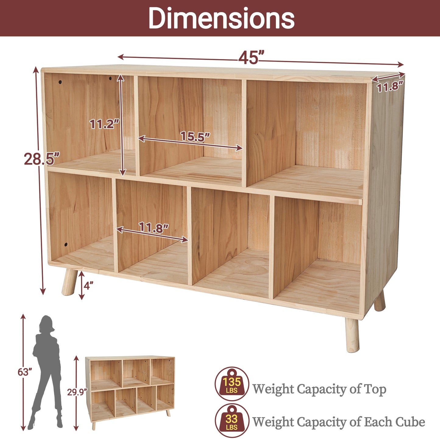 VIYET 7 Cube Pine Wood Bookshelf, 45" Storage Organizer Bookcase for Books, Toys & Decor, Modern Wood Shelf for Bedroom, Nursery & Home Office