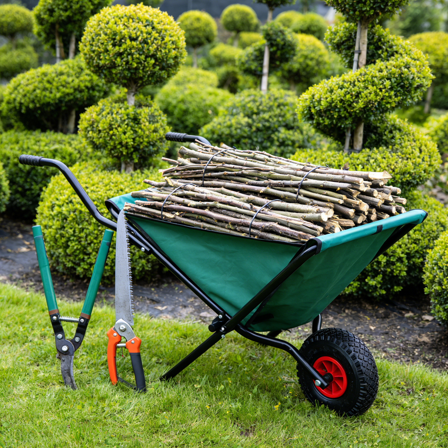 VIYET Collapsible Folding Wheelbarrow, 176 Lbs Lightweight Garden Cart, Heavy-Duty Oxford Cloth Yard Cart with 10" Pneumatic Tire for Lawn, Green