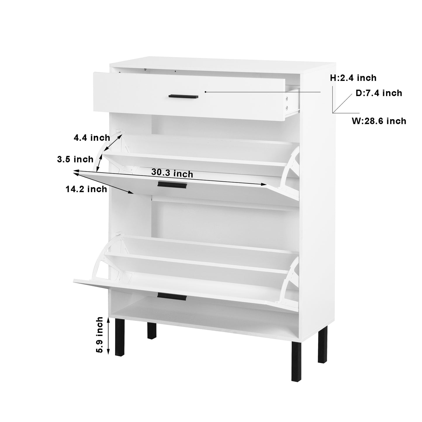 VIYET 43" Freestanding Shoe Cabinet, White Particle Board Organizer w/ 2 Flip Drawers & Metal Legs (Space-Saving Entryway Storage)