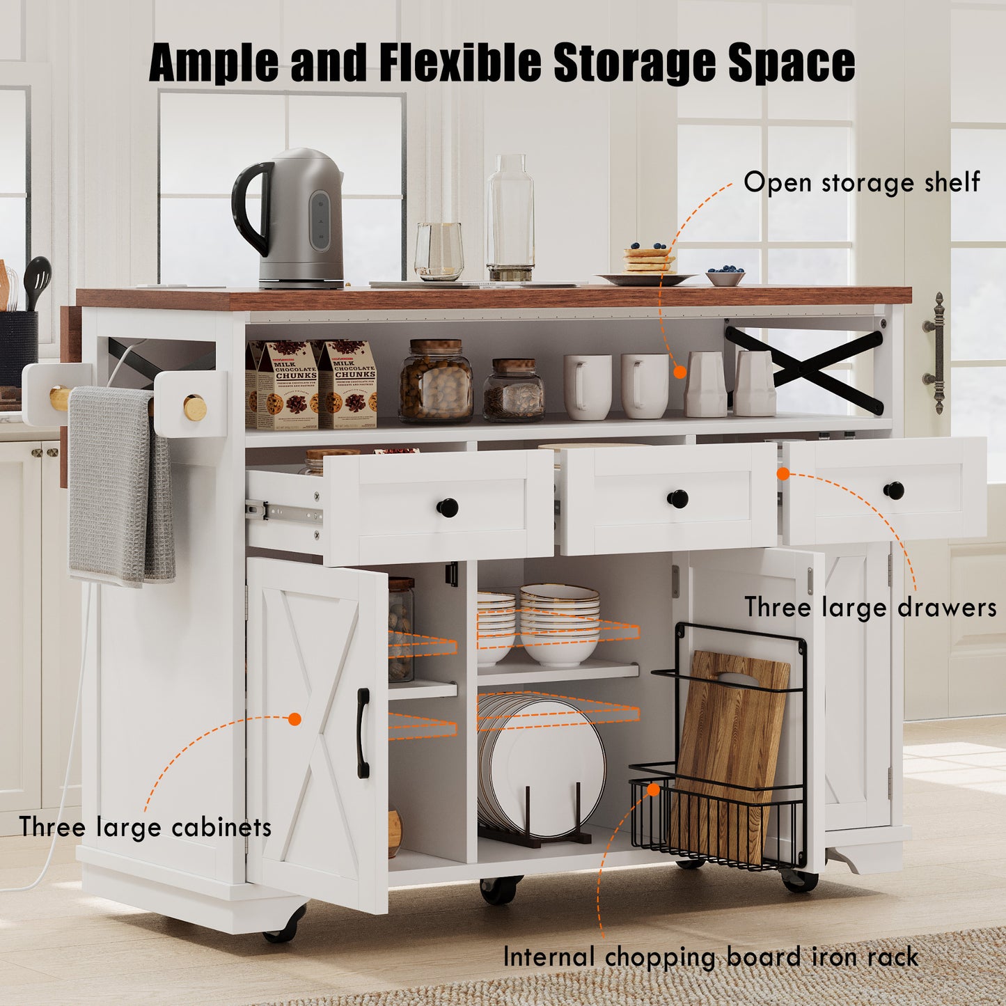 VIYET 39" K&K Farmhouse Rolling Kitchen Island, White MDF Cart w/ Bead Drape, Power Outlet & Drop Leaf (3 Doors+3 Drawers+Internal Iron Shelf)