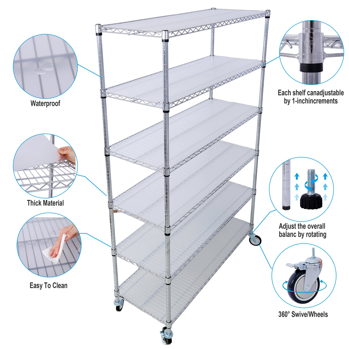 VIYET 6 Tier 6000LBS NSF Metal Wire Shelving, Heavy Duty Adjustable Storage Rack with Wheels & Shelf Liners (Chrome)