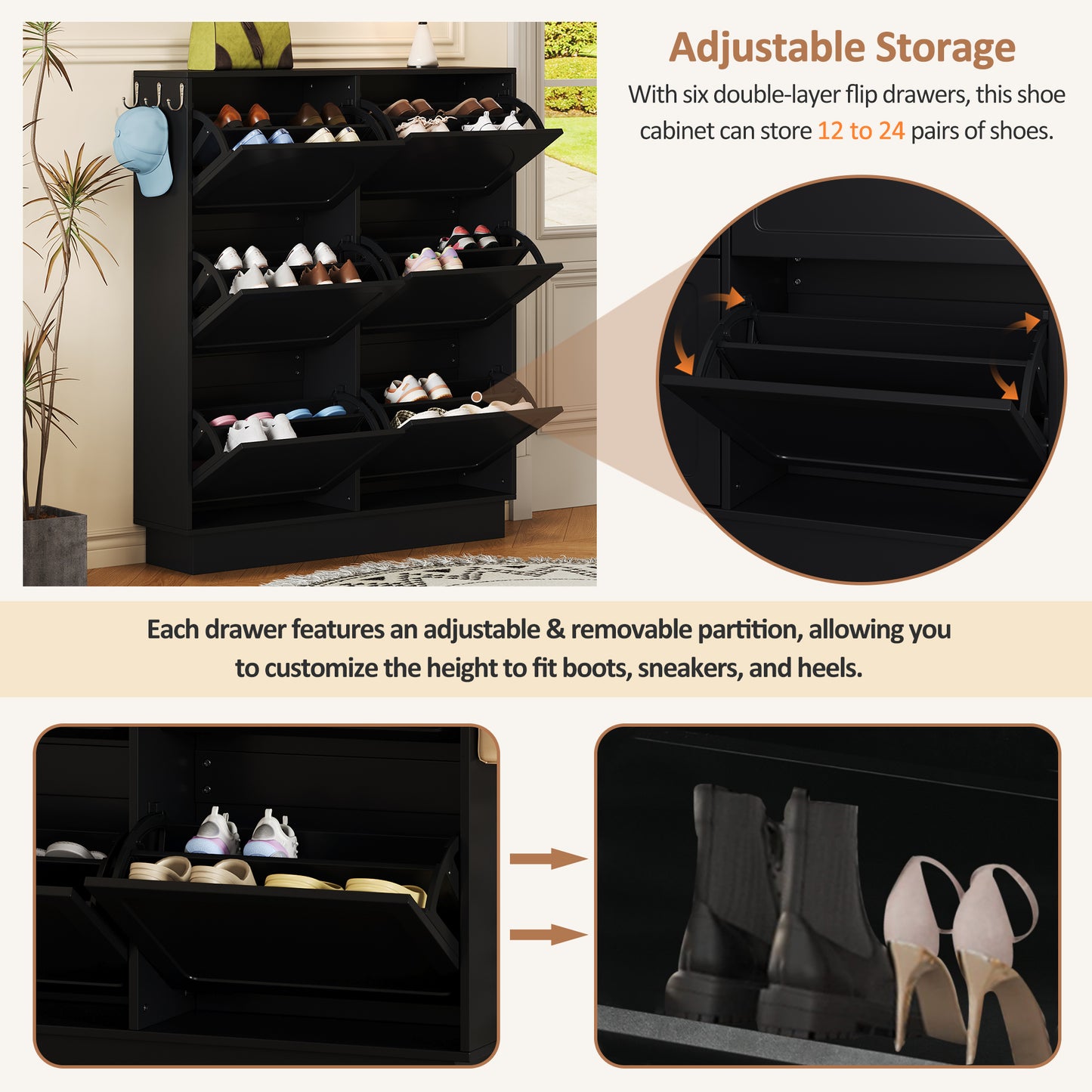 VIYET 49" 6-Flip-Drawer Narrow Shoe Cabinet, Black MDF Cream-Style Organizer w/ Adjustable Shelves & 3 Silver Hooks