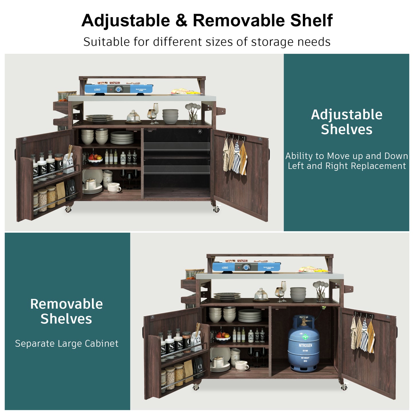 VIYET 43" K&K Outdoor Kitchen Island, Brown Solid Wood Grill Cart w/ Stainless Steel Top (Raised Shelf+Adjustable Storage Rack)