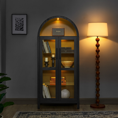 VIYET 67" Arched Storage Cabinet - LED Lamp, black MDF, Adjustable Glass Partitions