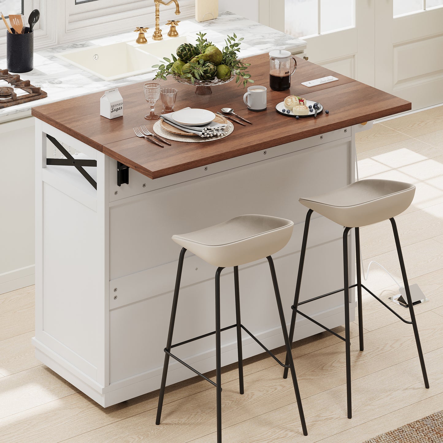 VIYET 39" K&K Farmhouse Rolling Kitchen Island, White MDF Cart w/ Bead Drape, Power Outlet & Drop Leaf (3 Doors+3 Drawers+Internal Iron Shelf)