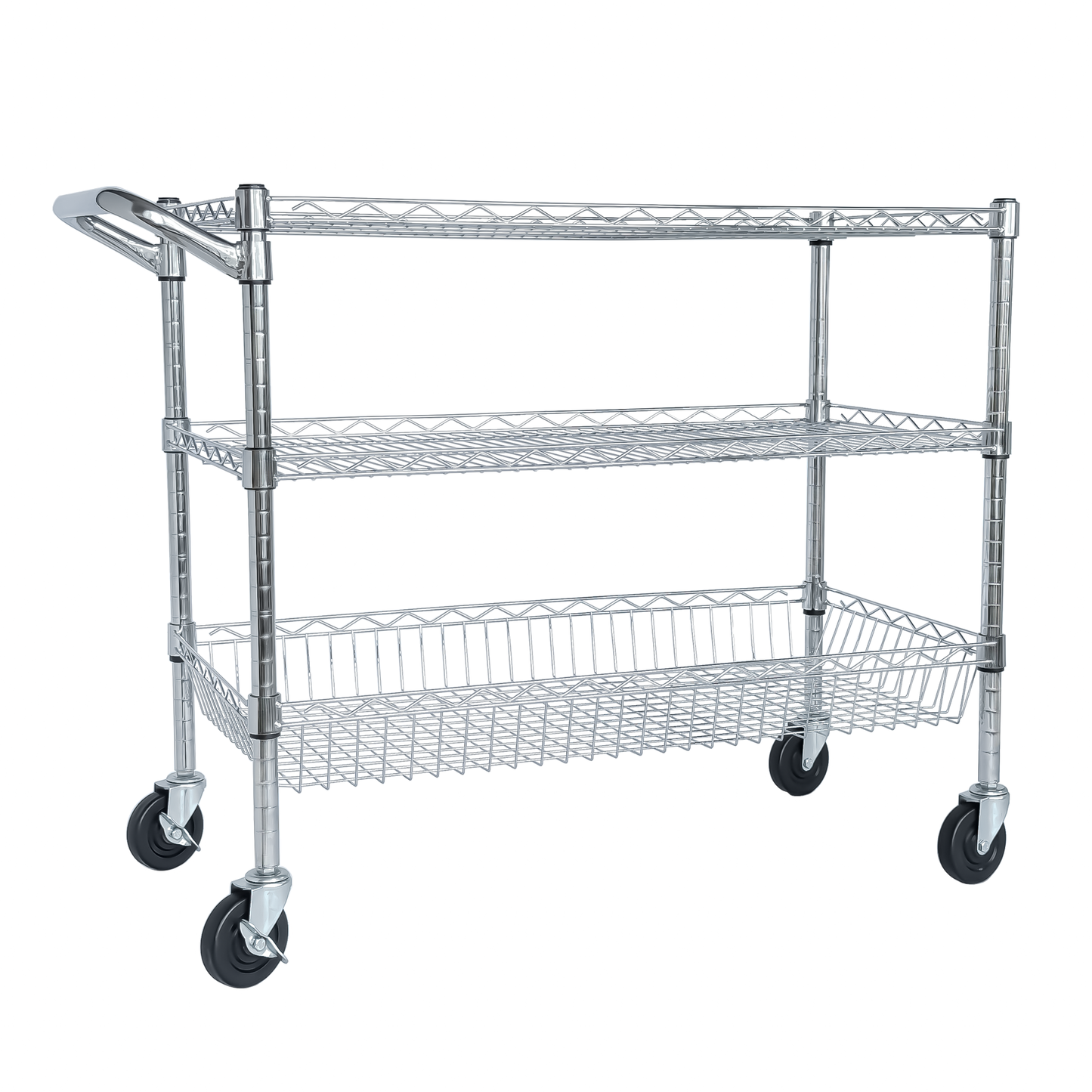 VIYET 32"H Heavy Duty 3 Tier Rolling Utility Cart, 600LBS Capacity Chrome Cart with Handle, Shelf Liners & Locking Wheels