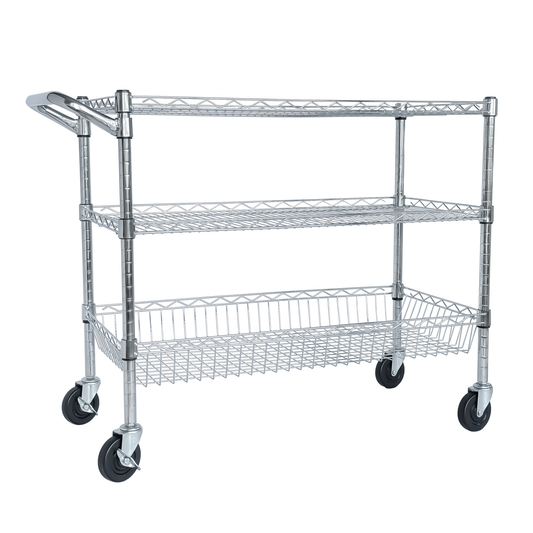 VIYET 32"H Heavy Duty 3 Tier Rolling Utility Cart, 600LBS Capacity Chrome Cart with Handle, Shelf Liners & Locking Wheels