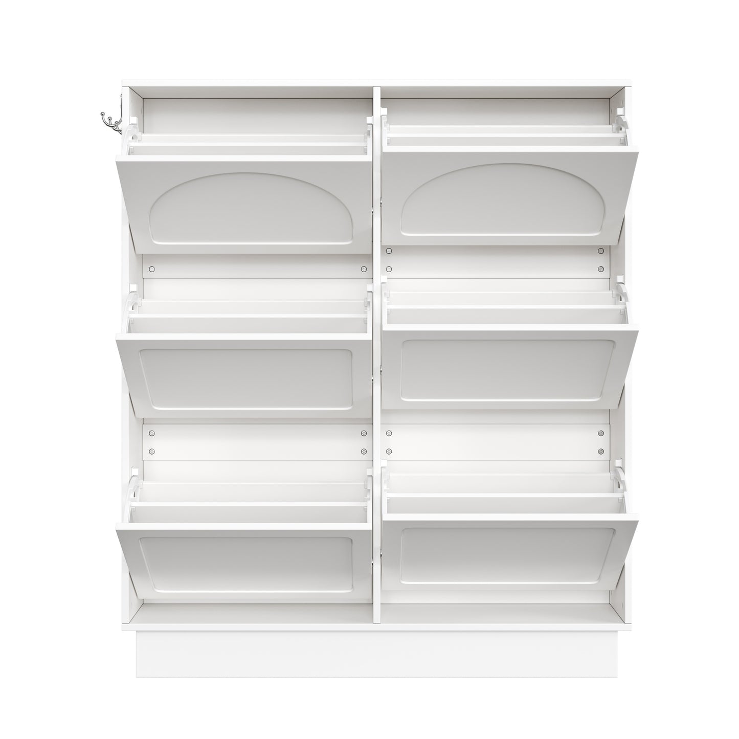 VIYET 49" Cream-Style Narrow Shoe Cabinet, White MDF Organizer w/ 6 Flip Drawers & 3 Silver Hooks (Adjustable Shelves)
