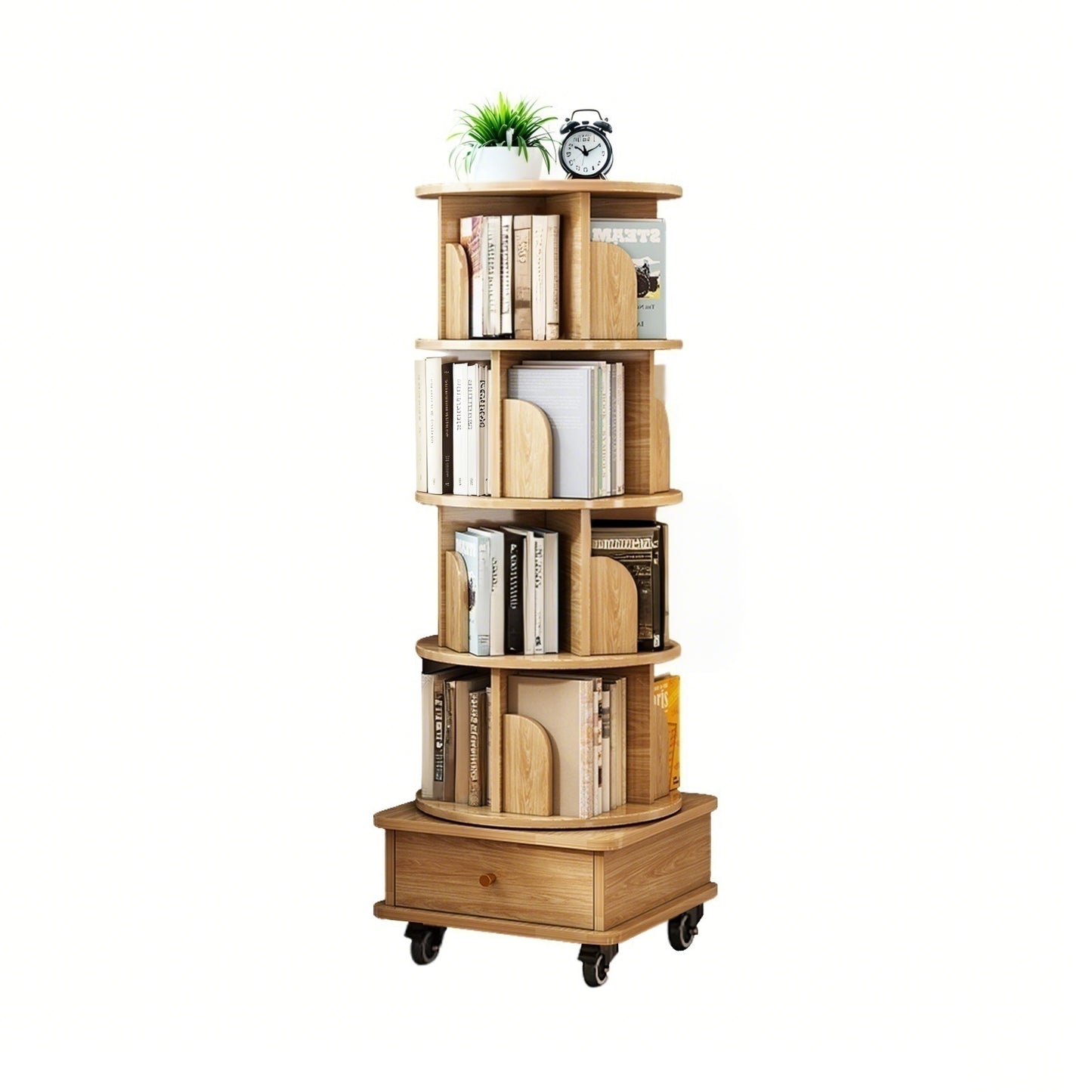 VIYET 56" 5-Tier 360° Rotating Bookshelf, Oak MDF Tower w/ Wheels & Drawer (Space-Saving Storage for Home/Office)