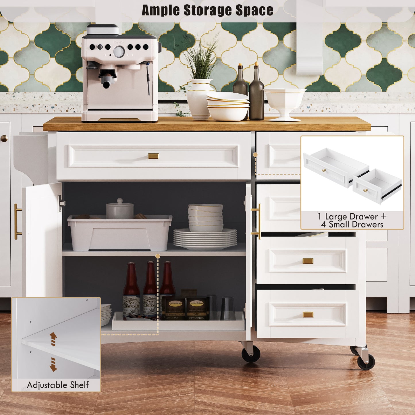 VIYET 36" K&K Kitchen Island with Drop Leaf, White MDF Storage Cart w/ Oak Veneer Top (2 Doors+5 Drawers+Adjustable Shelf)