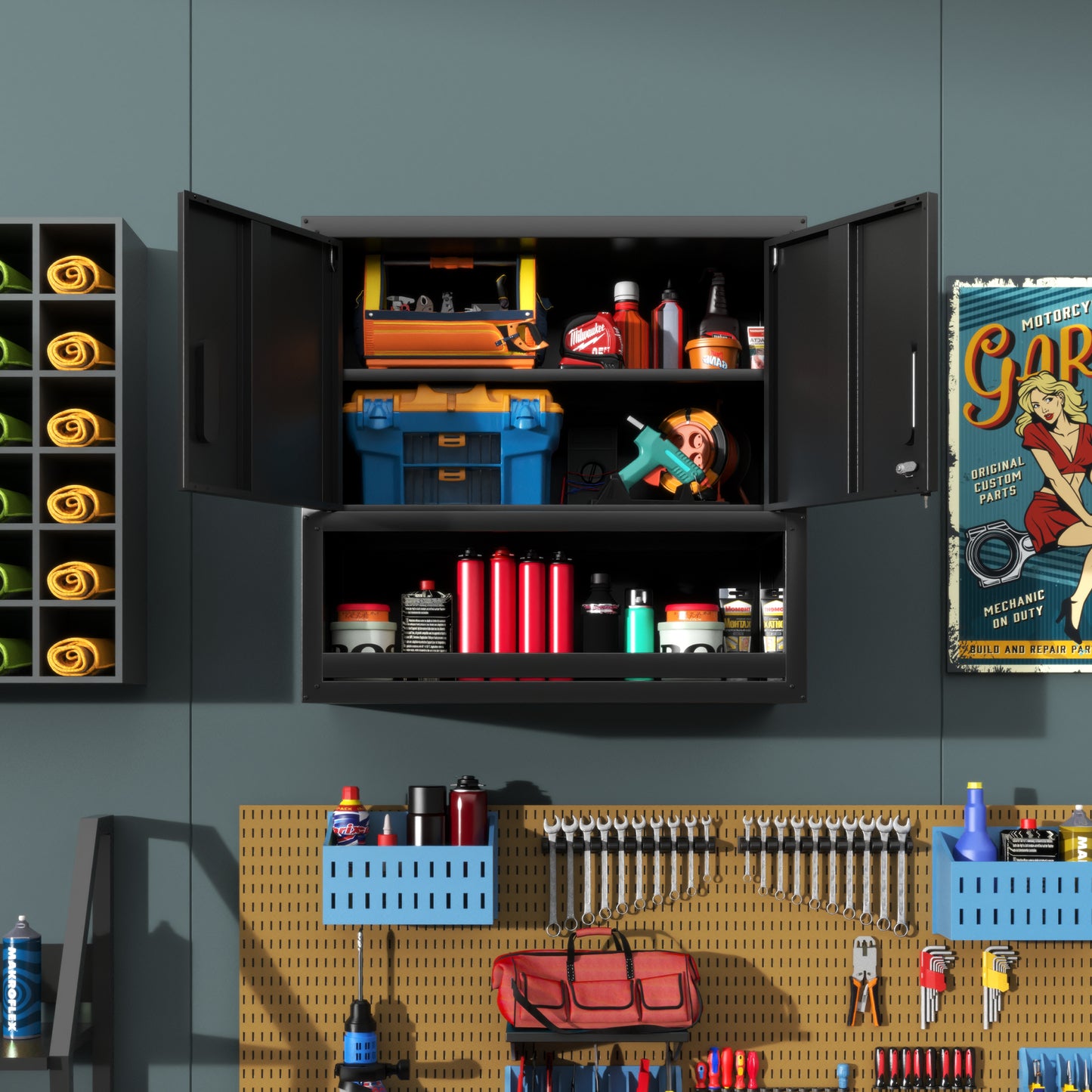 VIYET 30"H Wall-Mounted Steel Cabinet - Locking Doors + Open Drawer + Adjustable Shelf, Cold-Rolled Steel with Rust-Resistant Coating, Black for Garage/Office/Warehouse/Home/School