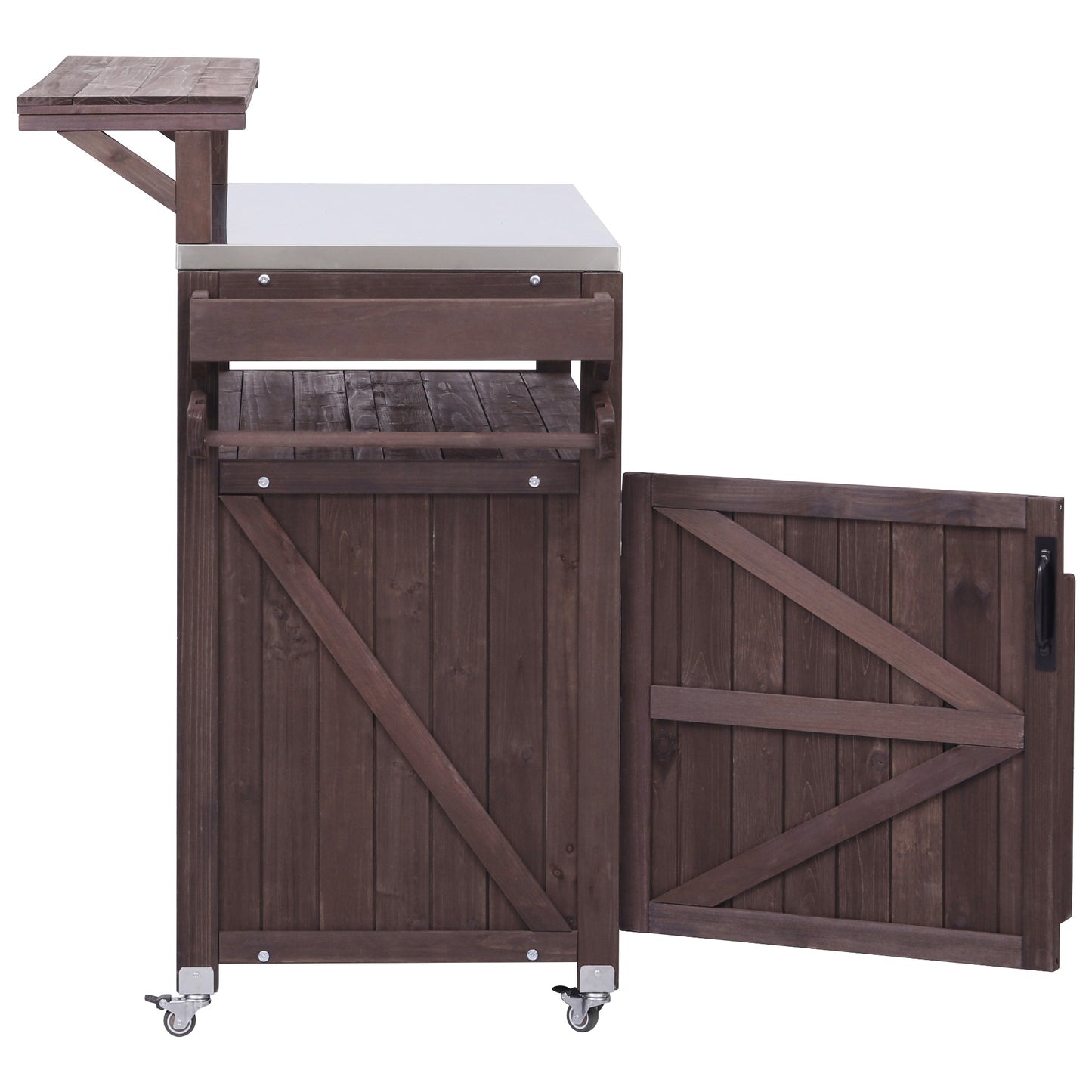 VIYET 43" K&K Outdoor Kitchen Island, Brown Solid Wood Grill Cart w/ Stainless Steel Top (Raised Shelf+Adjustable Storage Rack)