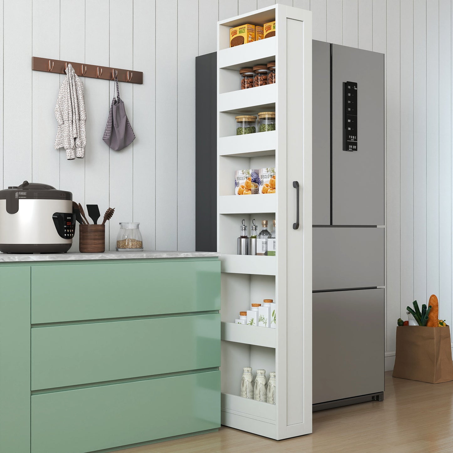 VIYET 71"H 7-Tier Multi-Functional Pull-Out Storage Shelf, Single-Sided Open Shelf, Organizer for Kitchen, Living Room & Narrow Spaces,white