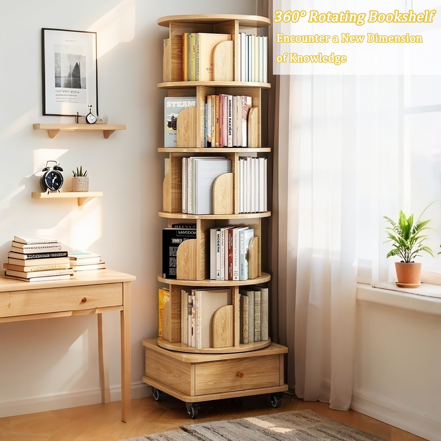 VIYET 68" 6-Tier 360° Rotating Bookshelf, Wood Color MDF Tower w/ Wheels & Drawer (Space-Saving Storage for Home/Office)