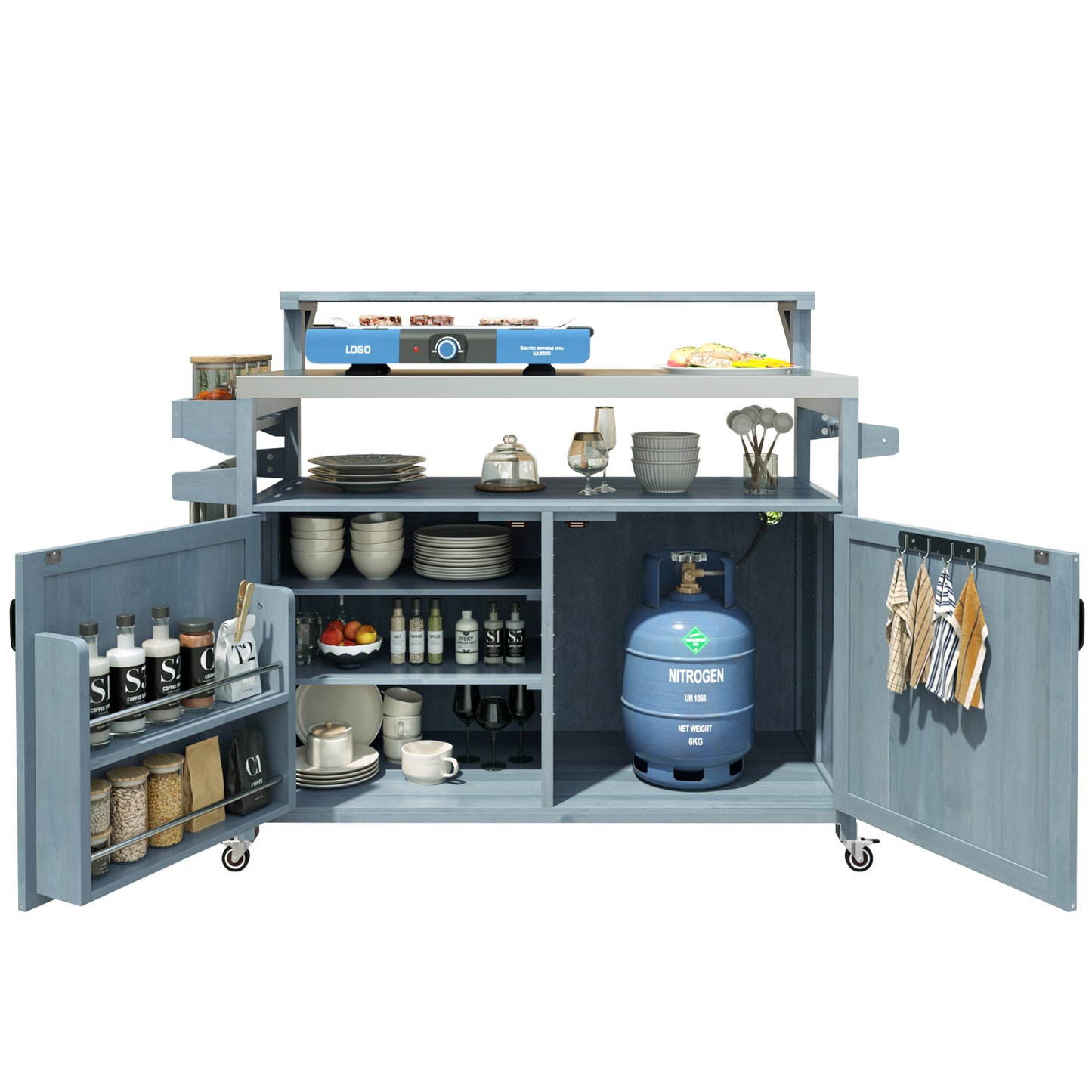 VIYET 43" K&K Outdoor Kitchen Island, Grey-Blue Solid Wood Grill Cart w/ Stainless Steel Top (Raised Shelf+Adjustable Storage Rack)