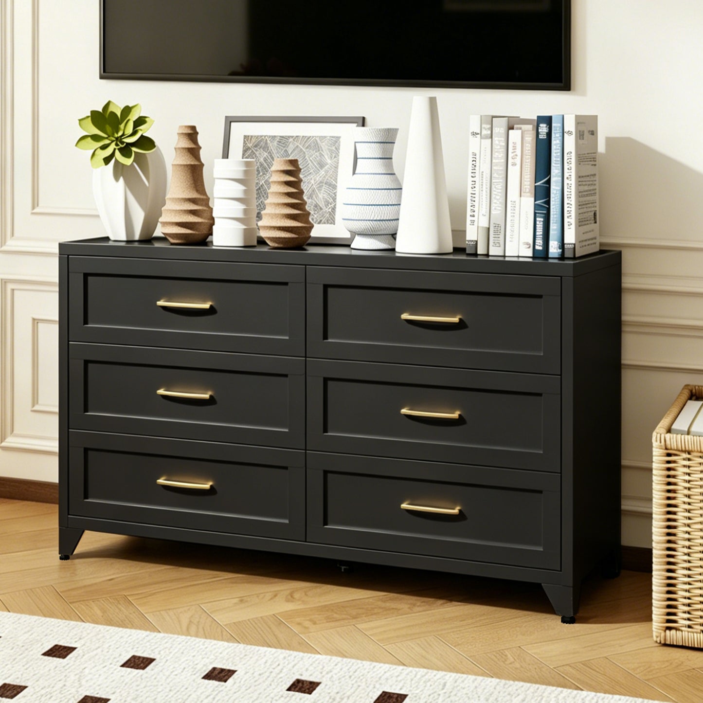 VIYET 6-Drawer Black Dresser for Bedroom, Low-Profile Chest of Drawers with Smooth-Glide Storage