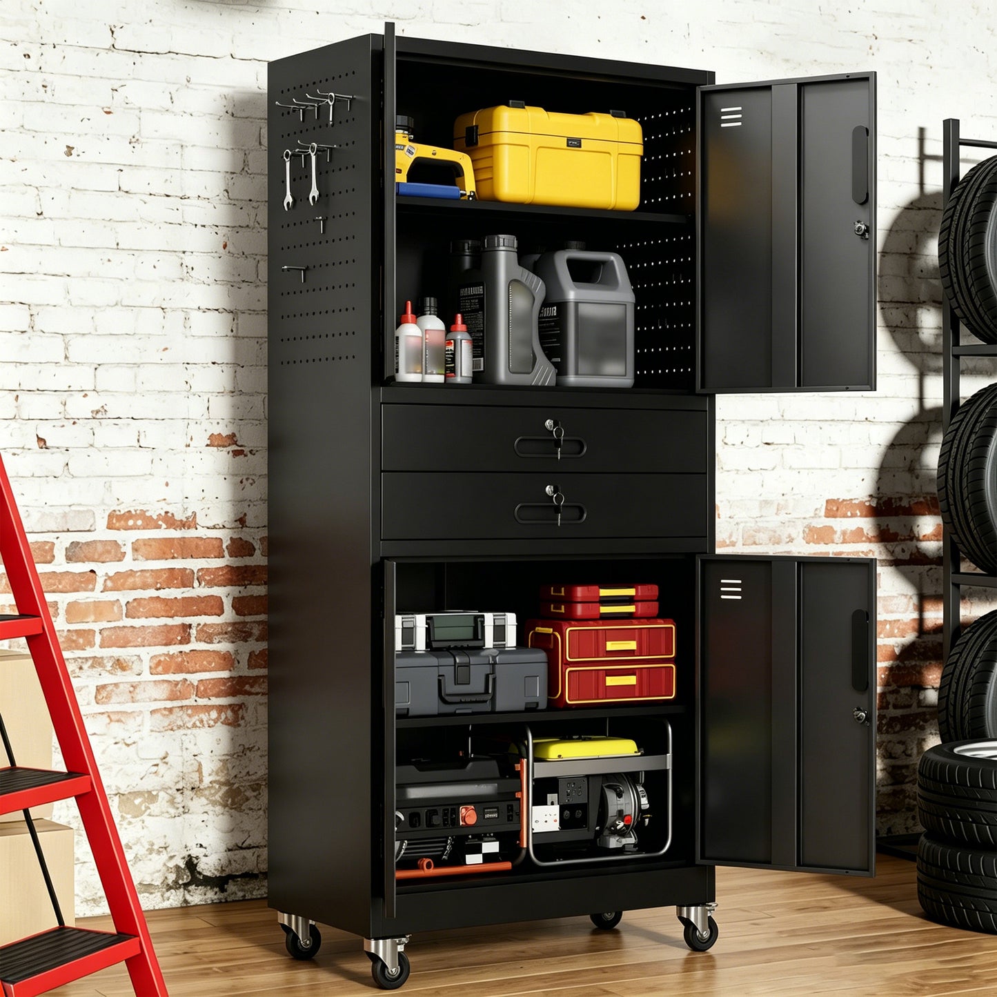 VIYET 71" Metal Garage Storage Cabinet with Drawers, Locking Doors, Pegboard, Wheels & Adjustable Shelves for Workshop Utility Room