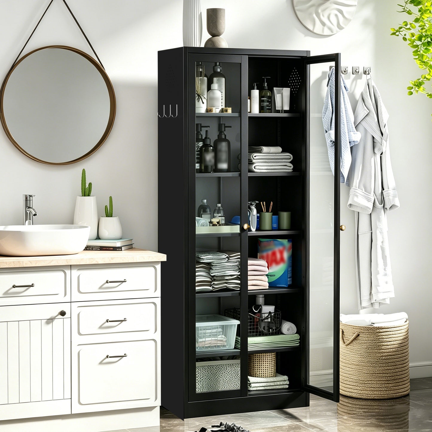 VIYET Metal Pantry Cabinet, 72" Tall Kitchen Storage Cabinet with Glass Doors and 5 Adjustable Shelves, Freestanding Steel Utility Cabinet for Kitchen, Bathroom, Pantry, Black