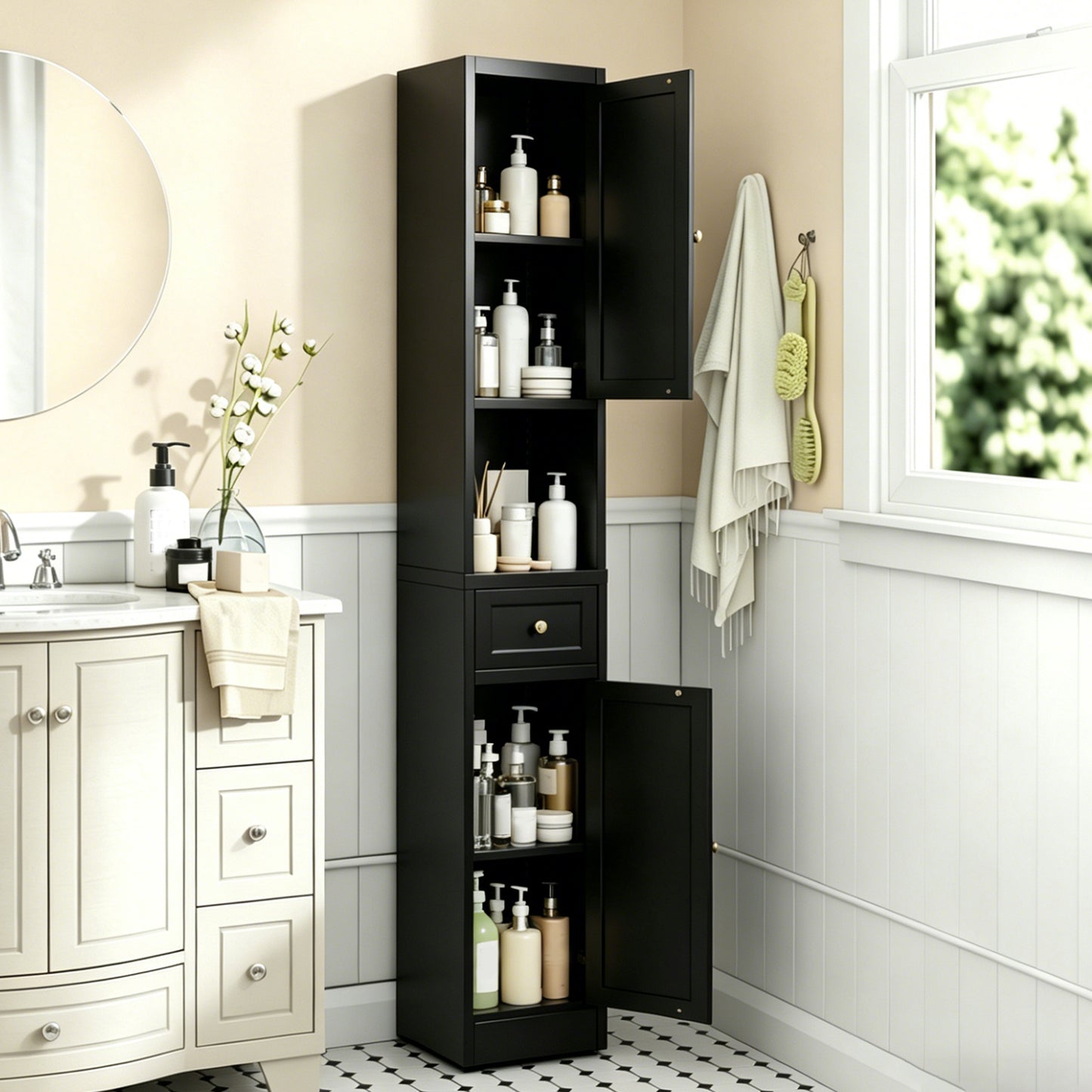 VIYET 71" Tall Black Bathroom Storage Cabinet, Slim Metal Storage Organizer with 2 Doors, Adjustable Shelves, Freestanding Cabinet