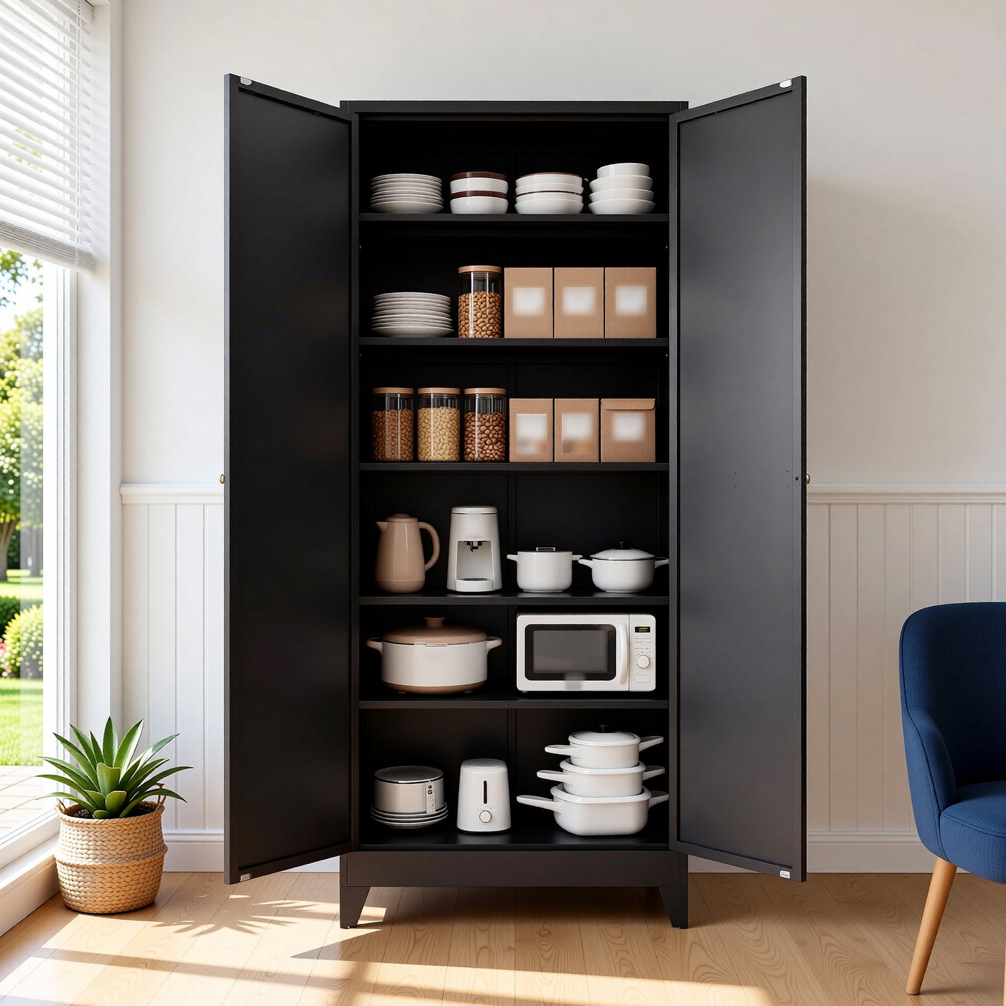VIYET 75" Metal Kitchen Pantry Cabinet, Tall Freestanding Storage Cabinet with 5 Adjustable Shelves, Heavy Duty Steel Organizer for Kitchen, Dining Room, Black