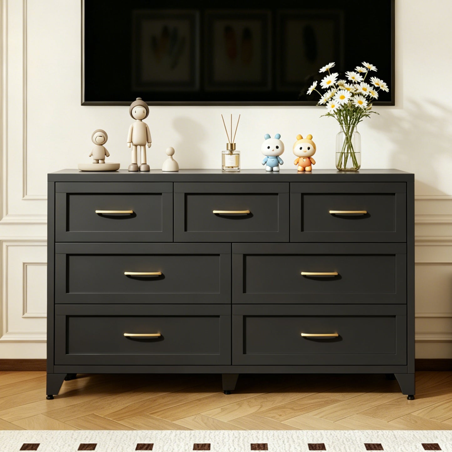 VIYET 7-Drawer Black Dresser, Wide Low-Profile Bedroom Storage Chest with Smooth-Glide Drawers