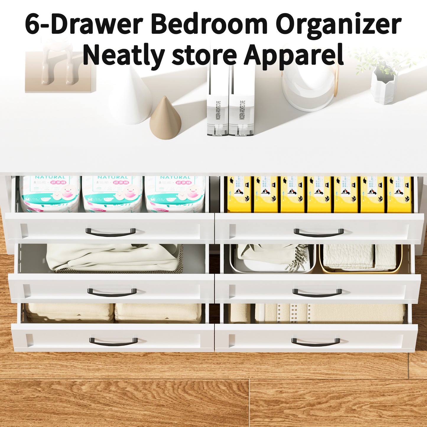VIYET 6-Drawer White Dresser for Bedroom, Modern Metal Storage Chest with Smooth-Glide Drawers for Closet, Hallway & Entryway