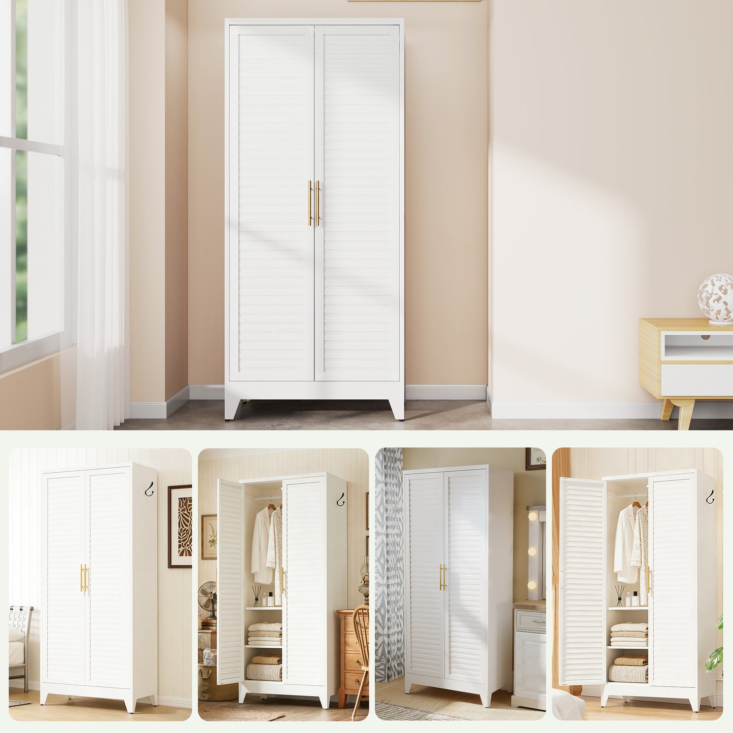 VIYET 71" Metal Wardrobe Closet with 2 Doors, Hanging Rod & Adjustable Shelves, Freestanding Steel Storage Cabinet for Bedroom, Apartment, Dorm